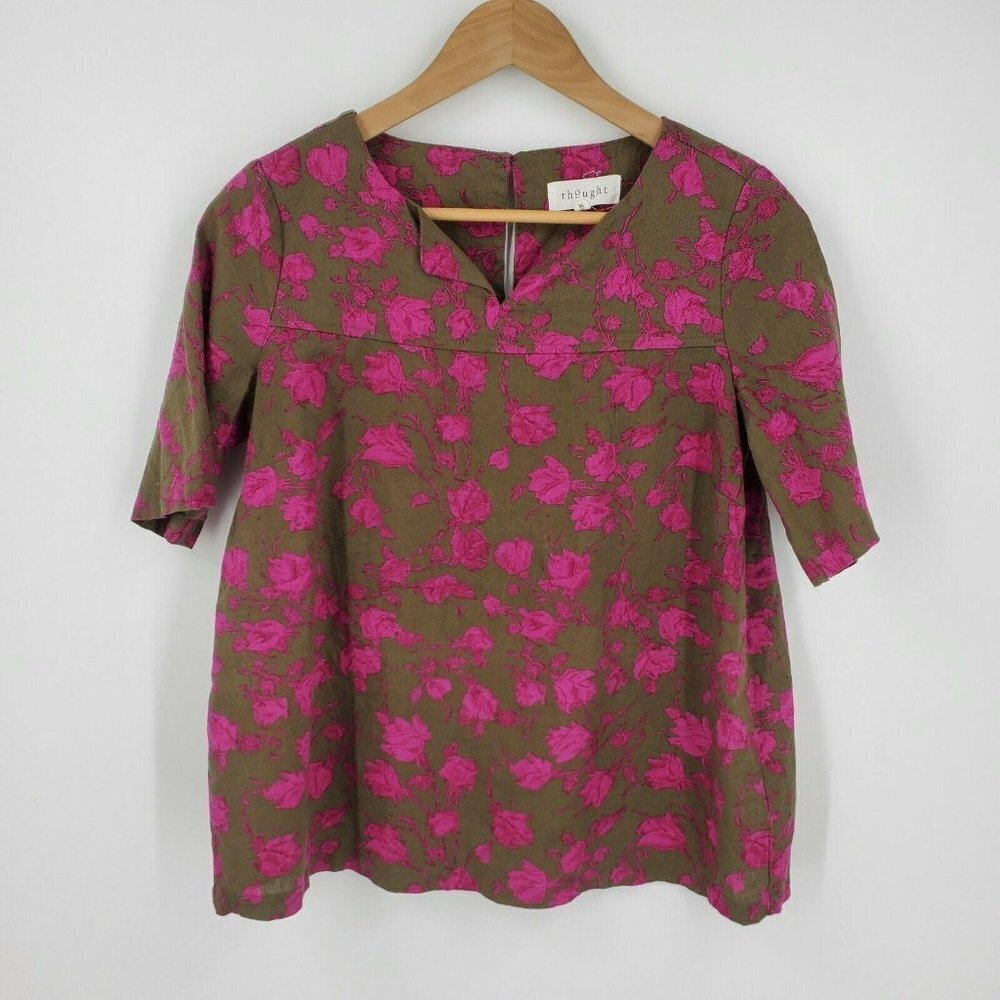 Thought Brand Floral Shirt‎ Keyhole Back Hemp sz 4